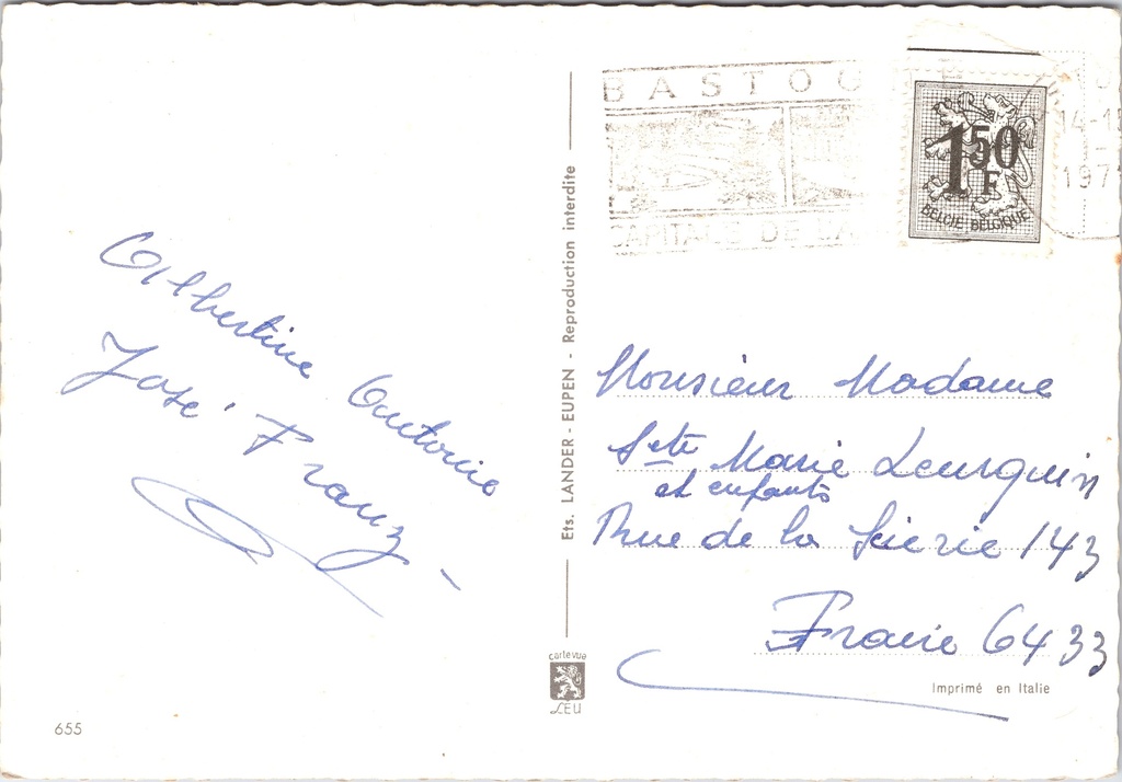 Bastogne - "BASTOGNE" - Meervoudige weergave: château, Place McAuliffe en Mémorial – achterzijde van de originele postkaart
