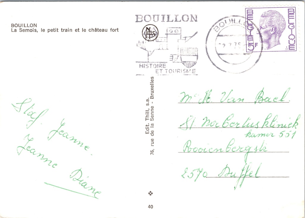 Bouillon - "La Semois, le petit train et le château fort" - De Semois, de kleine – achterzijde van de originele postkaart