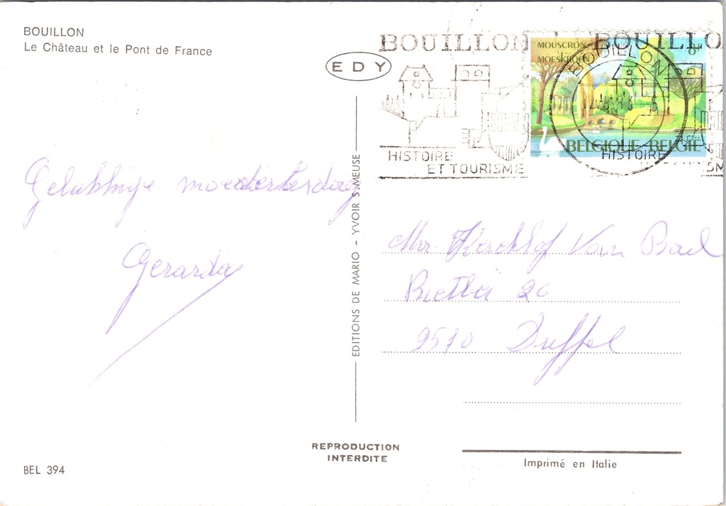 Bouillon - "Le Château et le Pont de France" - Kasteel van Bouillon en de Pont – achterzijde van de originele postkaart
