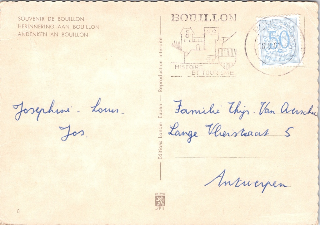 Bouillon - "Bouillon" - Kasteel en stadsgezicht langs de Semois – achterzijde van de originele postkaart