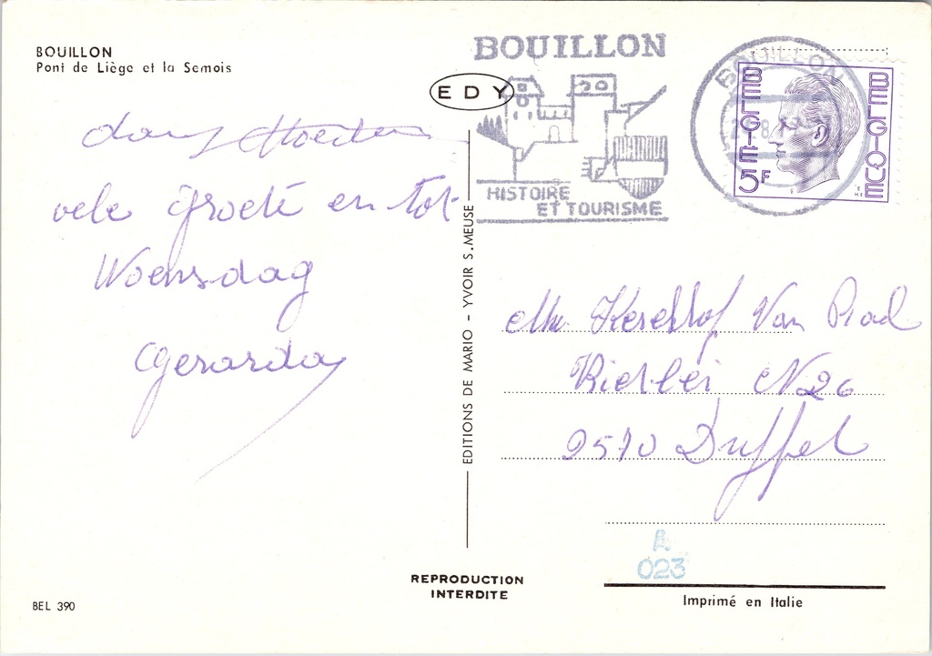 Bouillon - "Pont de Liège et la Semois" - Luikse brug over de Semois – achterzijde van de originele postkaart