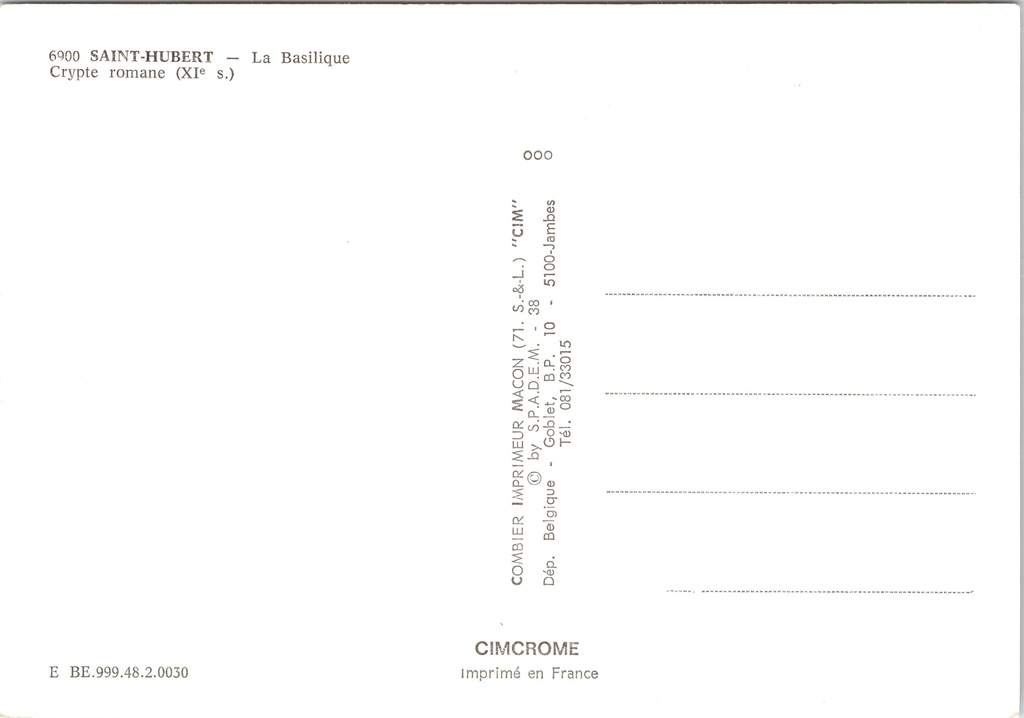 Saint-Hubert - "La Basilique - Crypte romane (XIe s.)" - Romaanse crypte – achterzijde van de originele postkaart