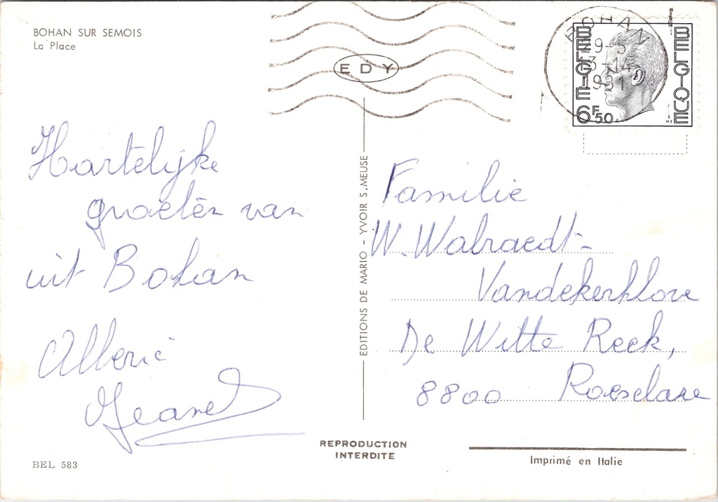 Vresse-sur-Semois - "BOHAN SUR SEMOIS - La Place" - Panoramisch zicht – achterzijde van de originele postkaart