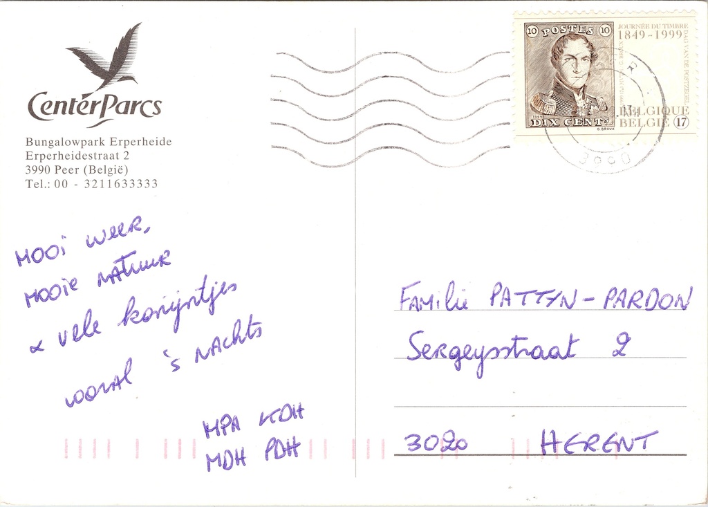 Peer - "ERPERHEIDE" - Center Parcs bungalowpark met konijnen in het bos – achterzijde van de originele postkaart
