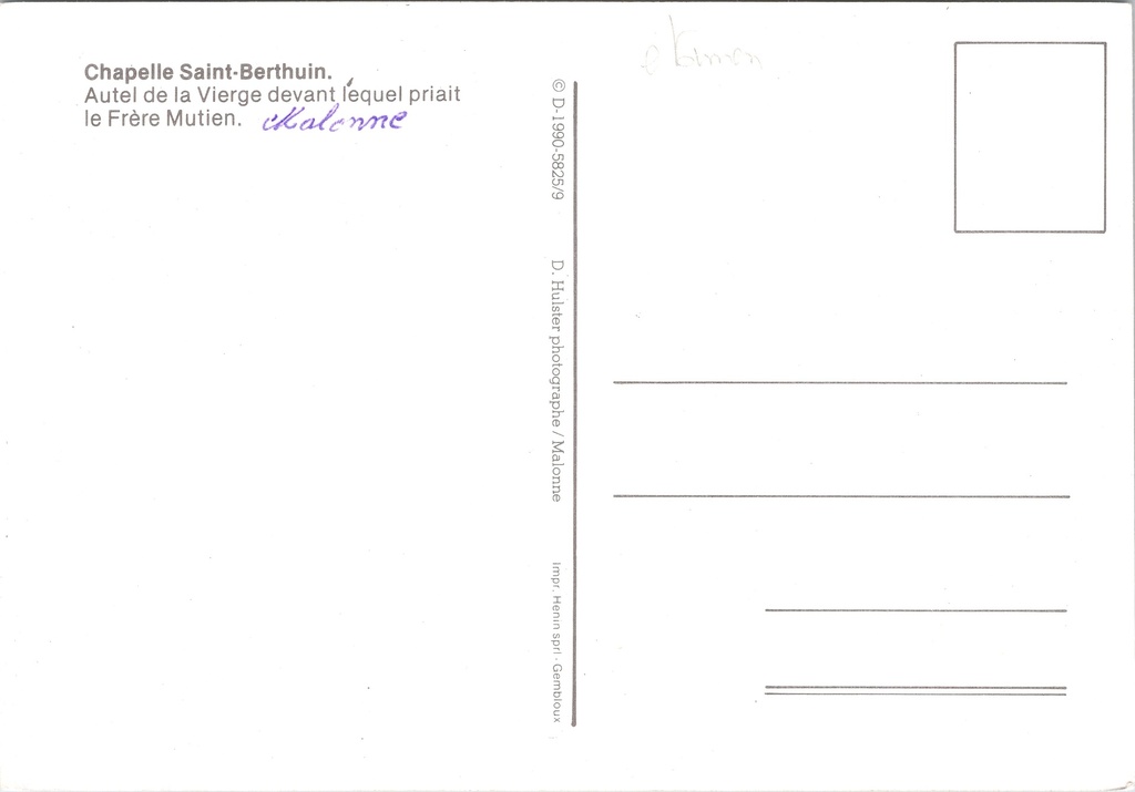 Namur - "Chapelle Saint-Berthuin" - Altaar van de Maagd in de Sint-Berthuinuskapel – achterzijde van de originele postkaart