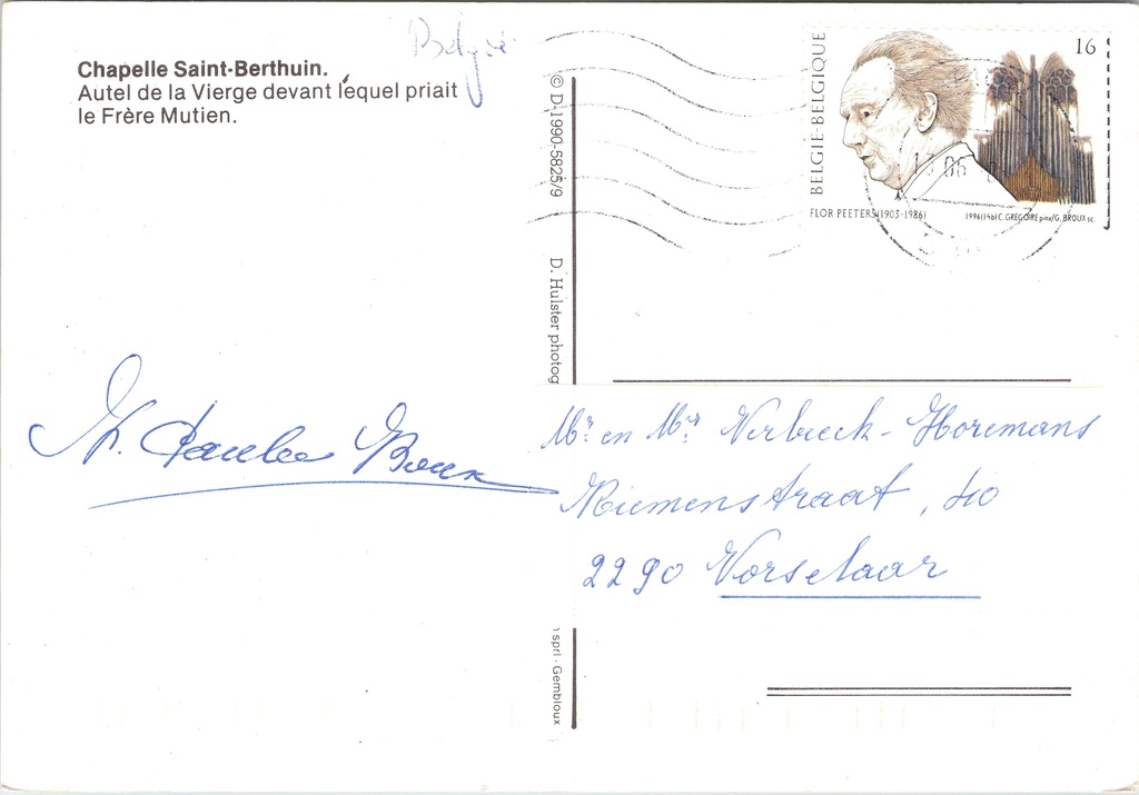 Namur - "Chapelle Saint-Berthuin" - Altaar van de Maagd in de Sint-Berthuinkapel – achterzijde van de originele postkaart