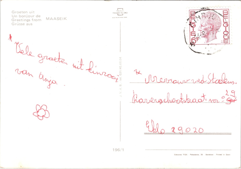 Maaseik - "MAASEIK" - Meervoudige stadskaart met kerk, stadhuis, winkelstraat – achterzijde van de originele postkaart
