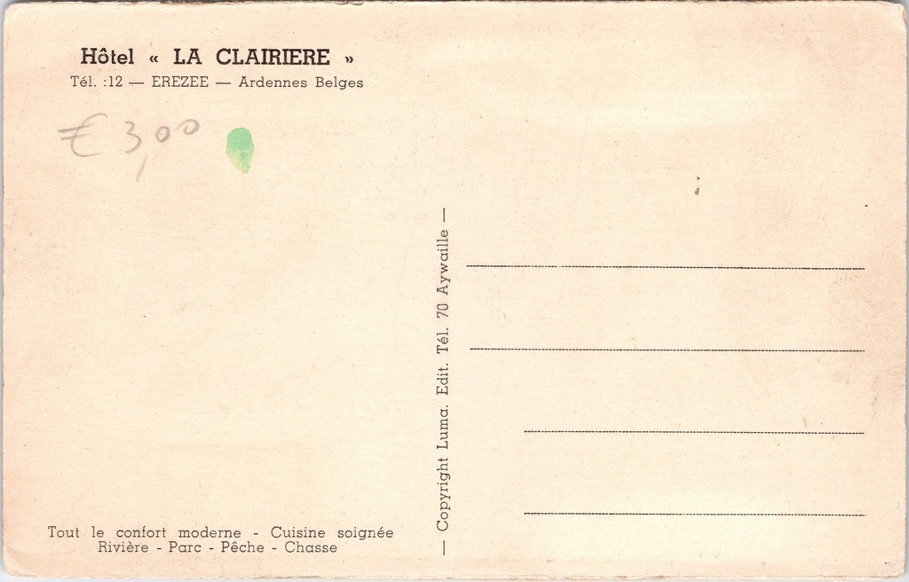 Érezée - "Hôtel La Clairière" - Hotel La Clairière in de Vallée de l'Aisne – achterzijde van de originele postkaart