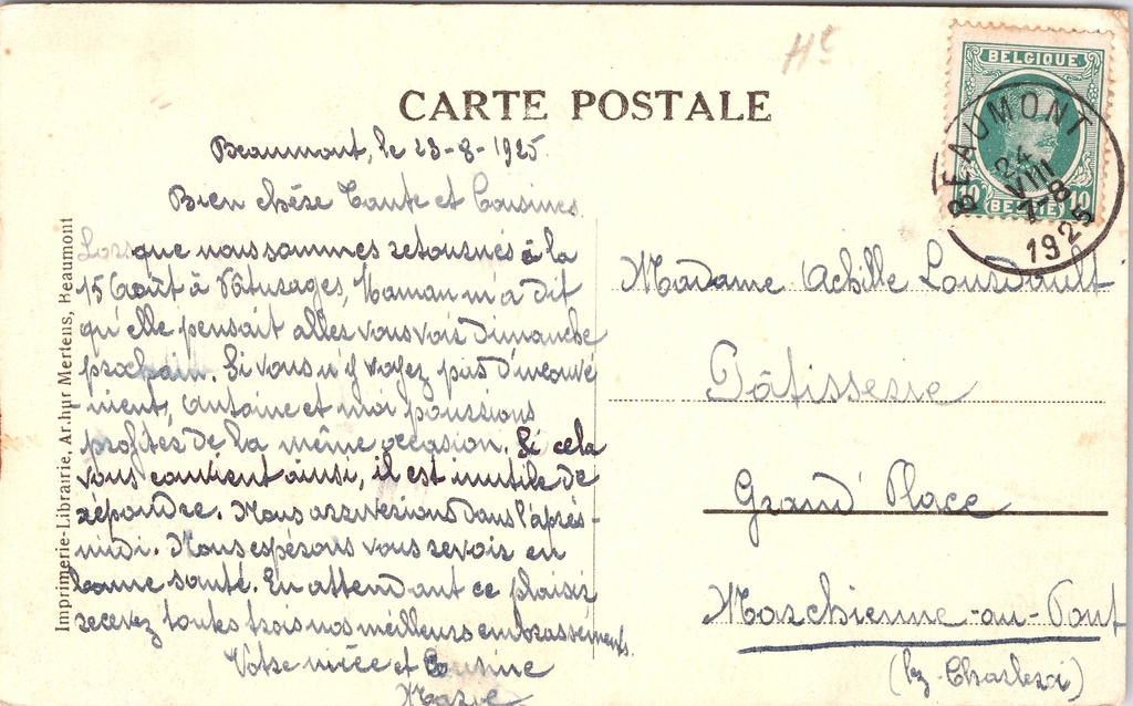 Beaumont - "Vue prise de Thinmont" - Zicht op de kasteelruïnes vanuit Thinmont – achterzijde van de originele postkaart