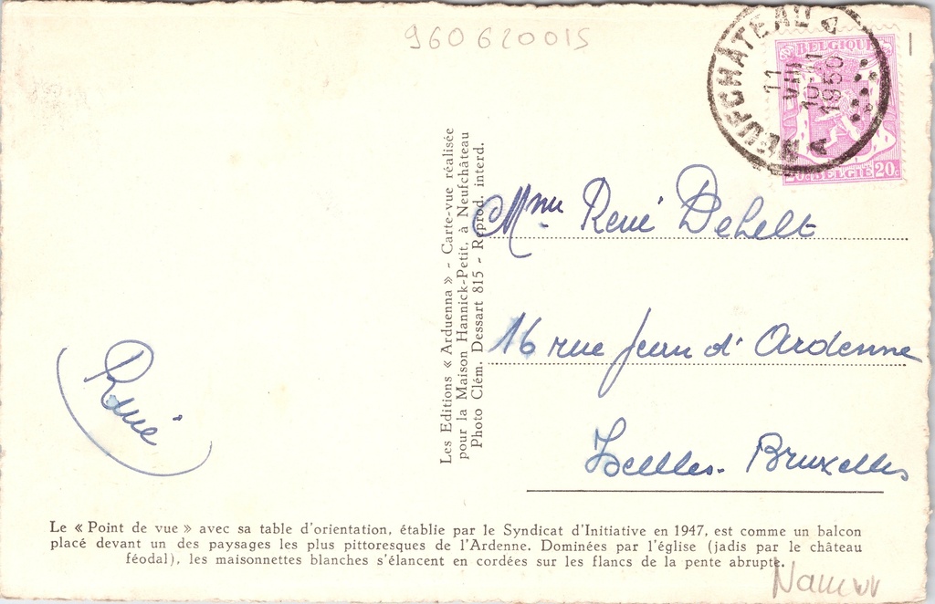 Neufchâteau - "Le Point de vue, route de Florenville" - Panoramisch uitkijkpunt – achterzijde van de originele postkaart