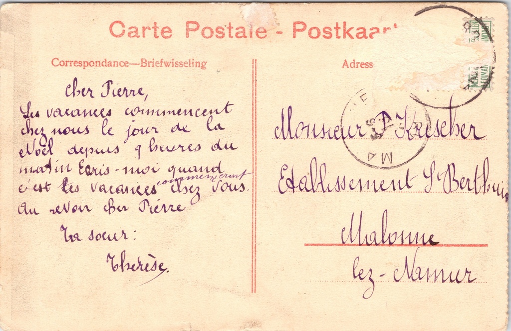 Namur - "Institut des Ursulines – Jardin Anglais" - Ursulinenschool Engelse tuin – achterzijde van de originele postkaart