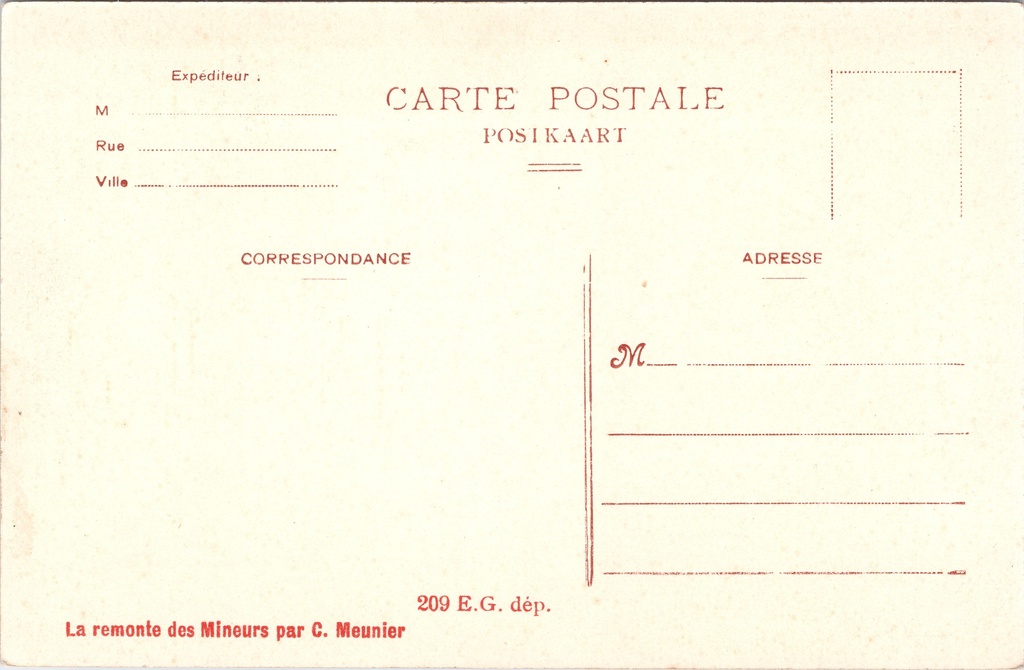 Brussel - "La remonte des Mineurs par C. Meunier" - Reliëfsculptuur 'De opkomst der – achterzijde van de originele postkaart