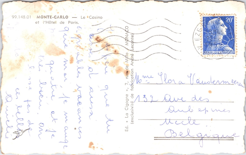 Monte-Carlo - "Le Casino et l'Hôtel de Paris" - Casino van Monte-Carlo en Hotel – achterzijde van de originele postkaart