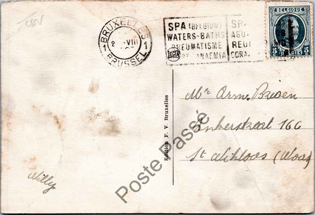 Brussel - "Grand' Poste" - Groot Postkantoor – achterzijde van de originele postkaart