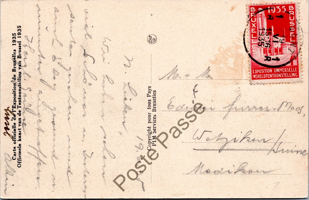 Brussel - "Allée du Centenaire - Eeuwfeestlaan" - Wereldtentoonstelling 1935 – achterzijde van de originele postkaart