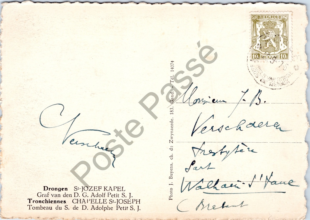 Drongen - "St-JOZEF KAPEL" - Graf van D.G. Adolf Petit S.J. in de Sint-Jozefkapel – achterzijde van de originele postkaart