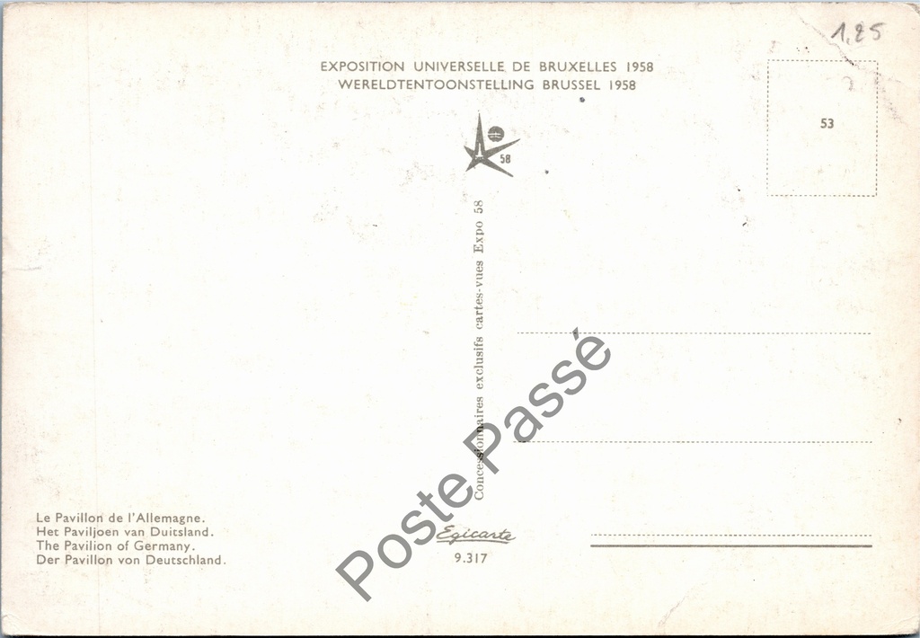 Brussel - "Le Pavillon de l'Allemagne" - Duits paviljoen Wereldtentoonstelling 1958 – achterzijde van de originele postkaart