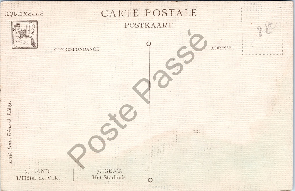 Gent - "GAND. L'Hôtel de Ville. / GENT. Het Stadhuis." - Aquarel van het Gentse – achterzijde van de originele postkaart
