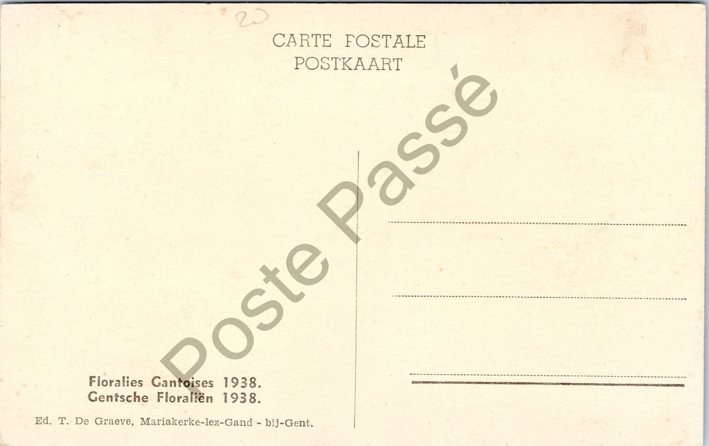 Gent - "Floralies Gantoises 1938 / Gentsche Floralïen 1938" – achterzijde van de originele postkaart