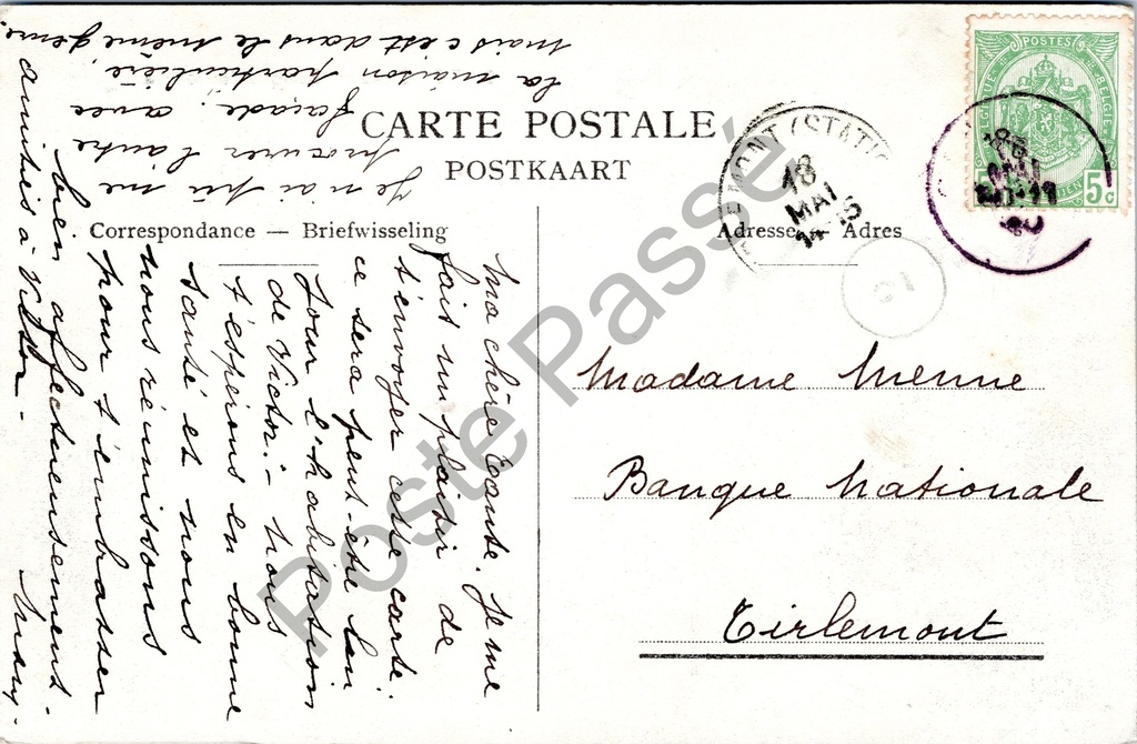 Gent - "Gand — Banque Nationale" - Gebouw van de Nationale Bank – achterzijde van de originele postkaart
