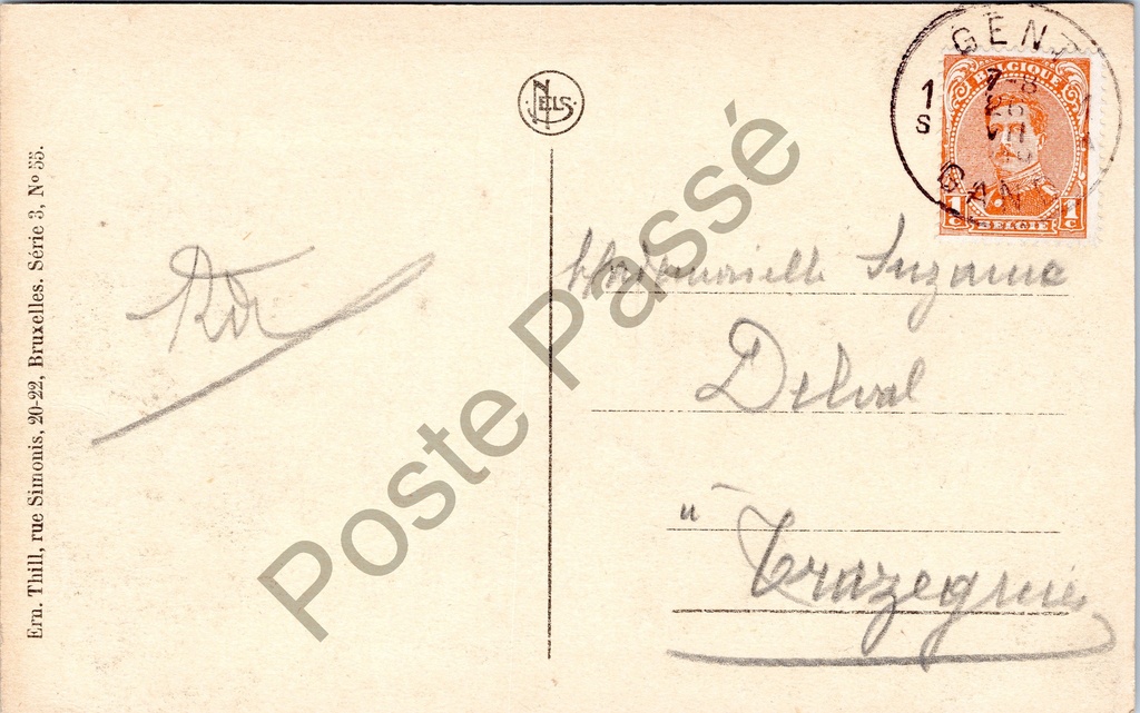 Gent - "Maisons des Mesureurs de Grains, des Bateliers et Nouvelle Poste" - Huizen – achterzijde van de originele postkaart
