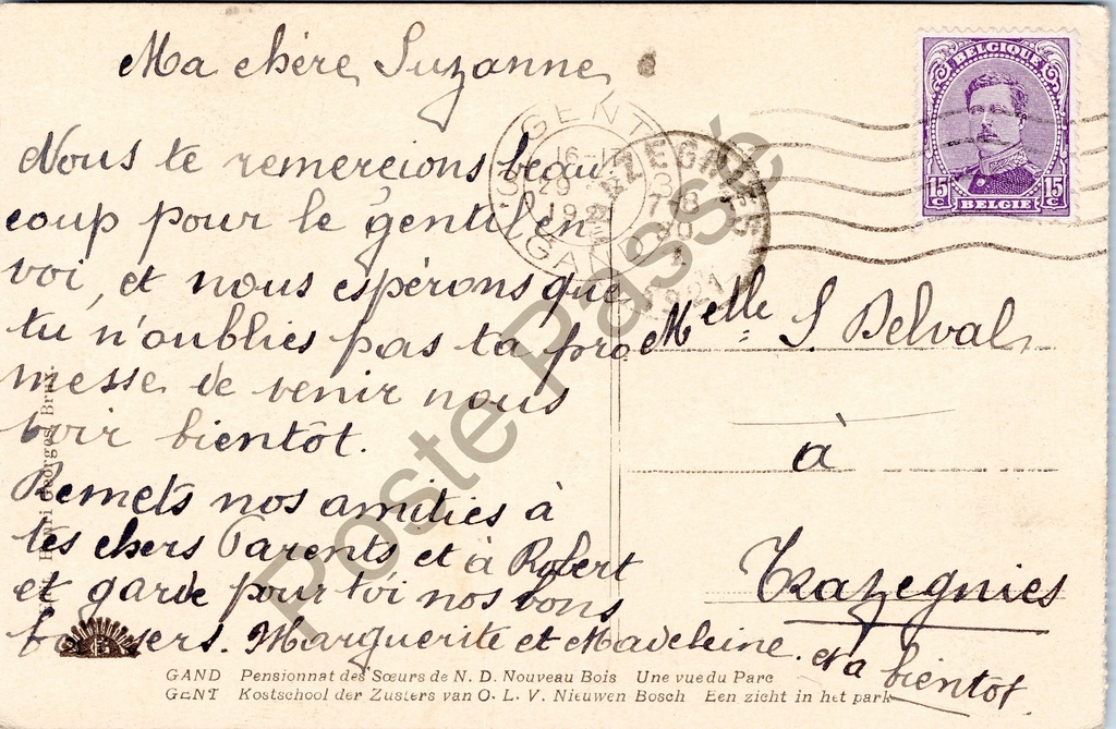 Gent - "Pensionnat des Sœurs de N. D. Nouveau Bois - Une vue du Parc" - Zicht – achterzijde van de originele postkaart
