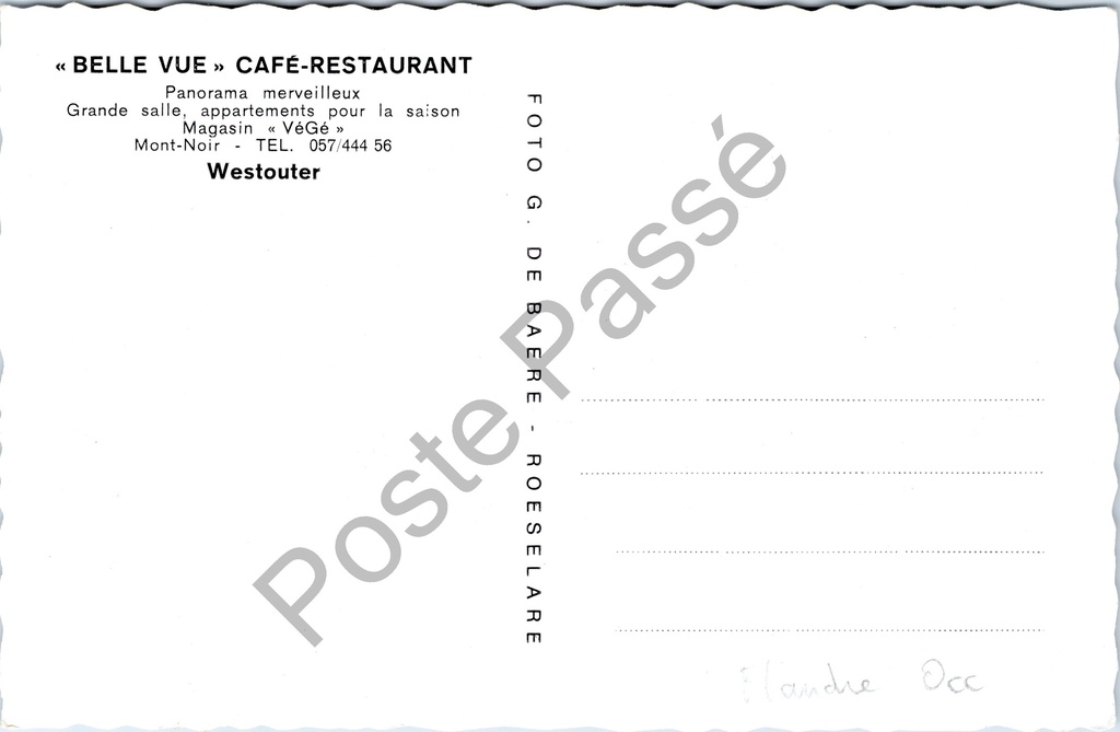 Westouter - "« BELLE VUE » CAFÉ-RESTAURANT" - Café-restaurant Belle Vue – achterzijde van de originele postkaart