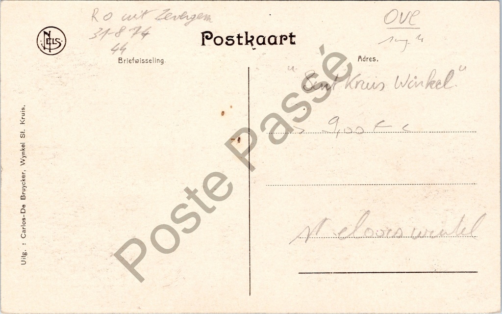 Winkel-Sint-Kruis - "Wynkel St. Kruis - Kapel Ter Warande" - Kapel Ter Warande – achterzijde van de originele postkaart