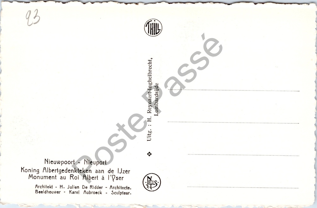 Nieuwpoort - "Koning Albertgedenkteken aan de IJzer" - Ruiterstandbeeld Koning – achterzijde van de originele postkaart