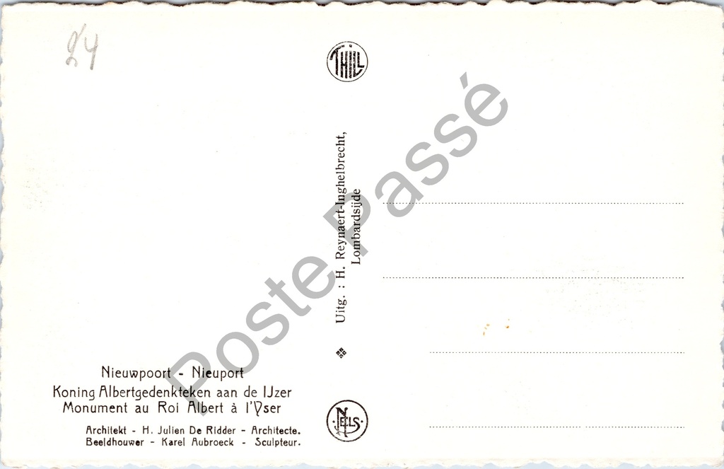 Nieuwpoort - "Koning Albertgedenkteken aan de IJzer" - Ruiterstandbeeld van Koning – achterzijde van de originele postkaart