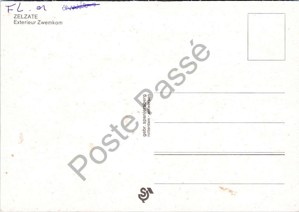 Zelzate - "Exterieur Zwemkom" - Buitenaanzicht zwembad – achterzijde van de originele postkaart