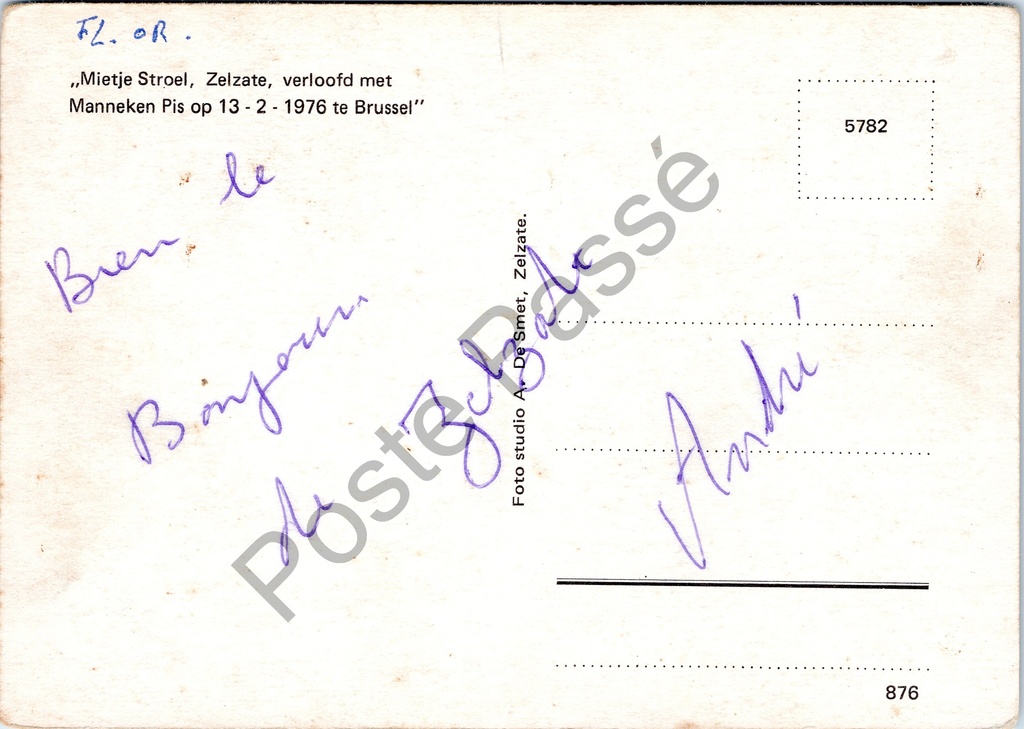 Brussel - "Mietje Stroel, Zelzate, verloofd met Manneken Pis op 13 - 2 - 1976 – achterzijde van de originele postkaart