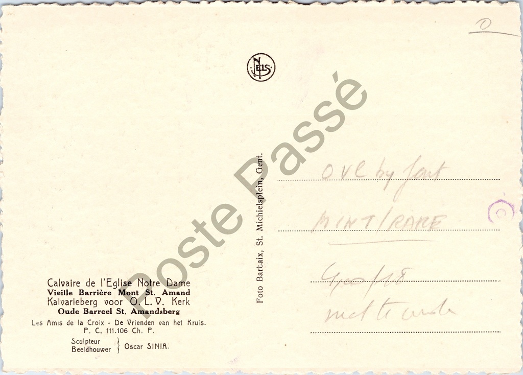 Sint-Amandsberg - "Calvaire de l'Eglise Notre Dame Vieille Barrière Mont St. Amand" – achterzijde van de originele postkaart