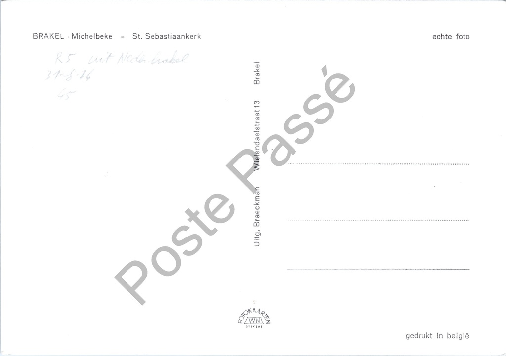 Brakel - "St. Sebastiaankerk" - Sint-Sebastiaankerk in Michelbeke – achterzijde van de originele postkaart