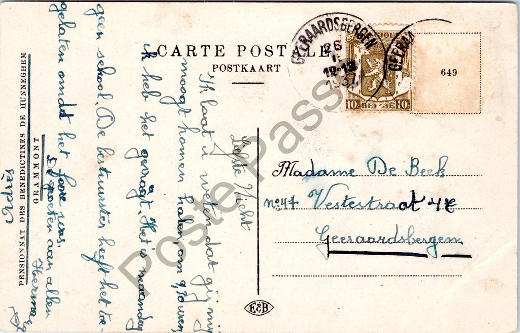 Geraardsbergen - "Pensionnat des Bénédictines de Hunneghem" - Mariagrotto – achterzijde van de originele postkaart