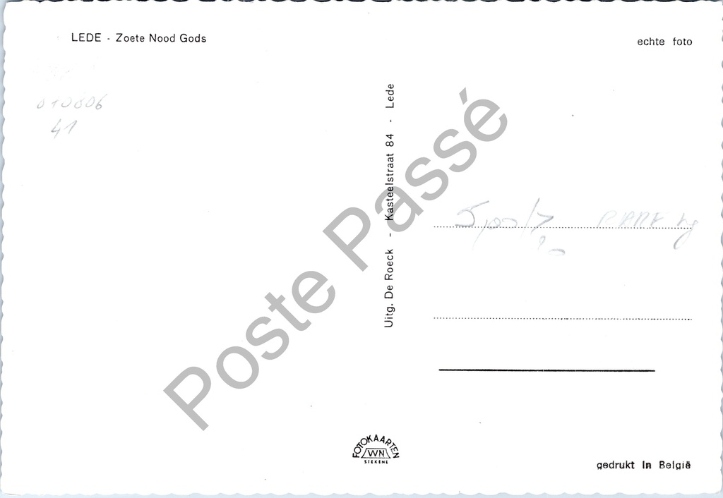 Lede - "Zoete Nood Gods" - Mariaaltaar Zoete Nood Gods – achterzijde van de originele postkaart