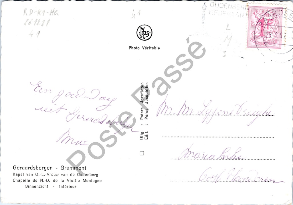 Geraardsbergen - "Kapel van O.-L.-Vrouw van de Oudenberg - Binnenzicht" - Interieur – achterzijde van de originele postkaart