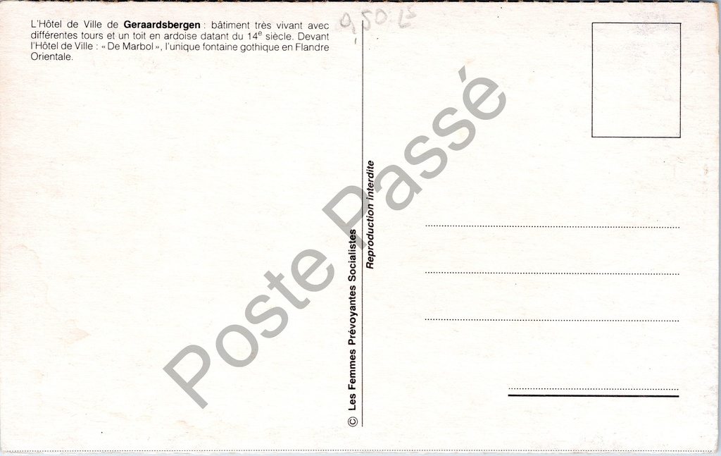 Geraardsbergen - "L'Hôtel de Ville de Geraardsbergen" - Stadhuis met gotische – achterzijde van de originele postkaart