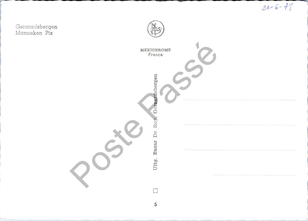 Geraardsbergen - "Manneken Pis" - Manneken Pis fontein – achterzijde van de originele postkaart