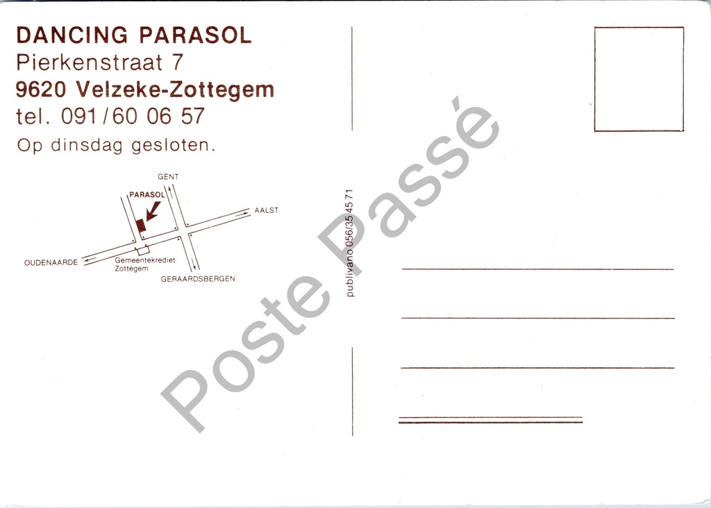 Zottegem - "Dancing Parasol" - Danszaal met mechanisch orgel Jupiter – achterzijde van de originele postkaart