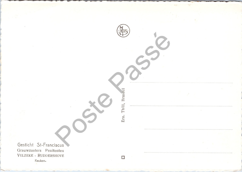 Velzeke-Ruddershove - "Gesticht St-Franciscus Grauwzusters Penitenten - Keuken" – achterzijde van de originele postkaart