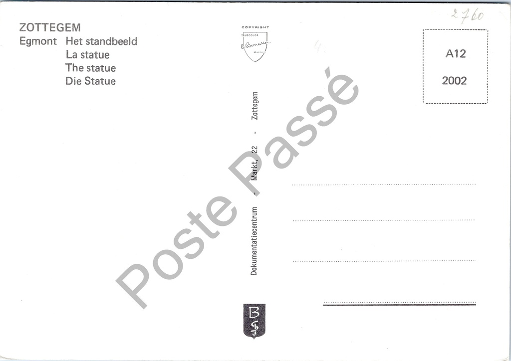 Zottegem - "Egmont Het standbeeld" - Standbeeld Graaf van Egmont – achterzijde van de originele postkaart