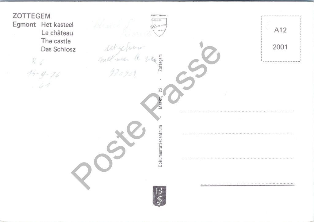 Zottegem - "Egmont Het kasteel" - Kasteel Egmont – achterzijde van de originele postkaart