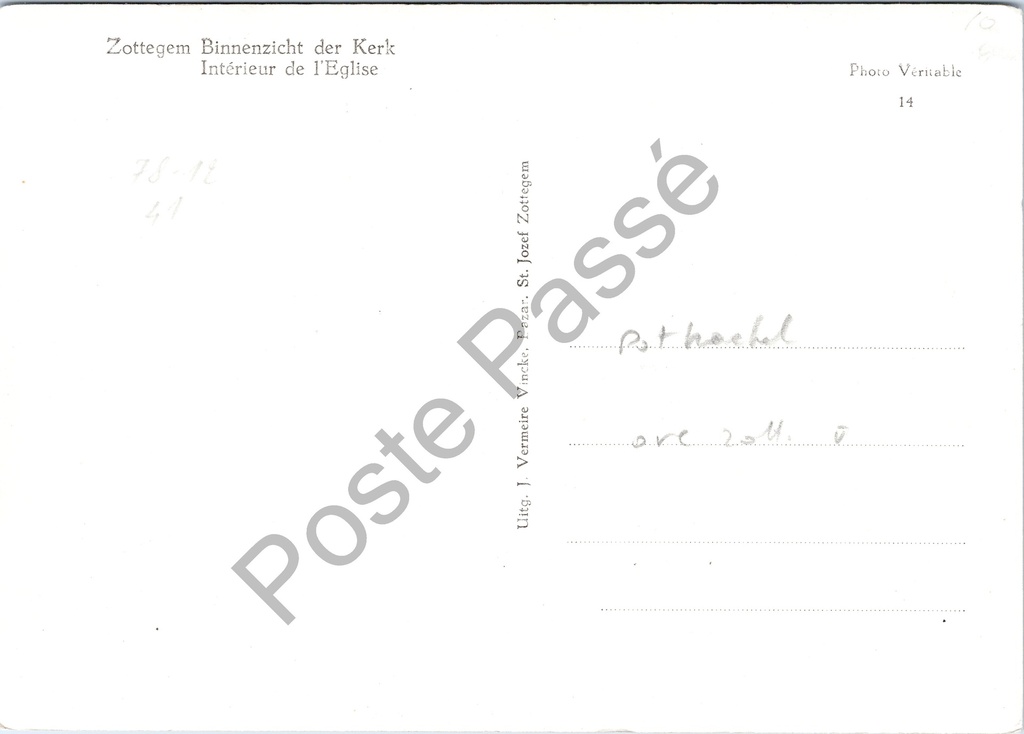 Zottegem - "Binnenzicht der Kerk" - Interieur van de kerk – achterzijde van de originele postkaart