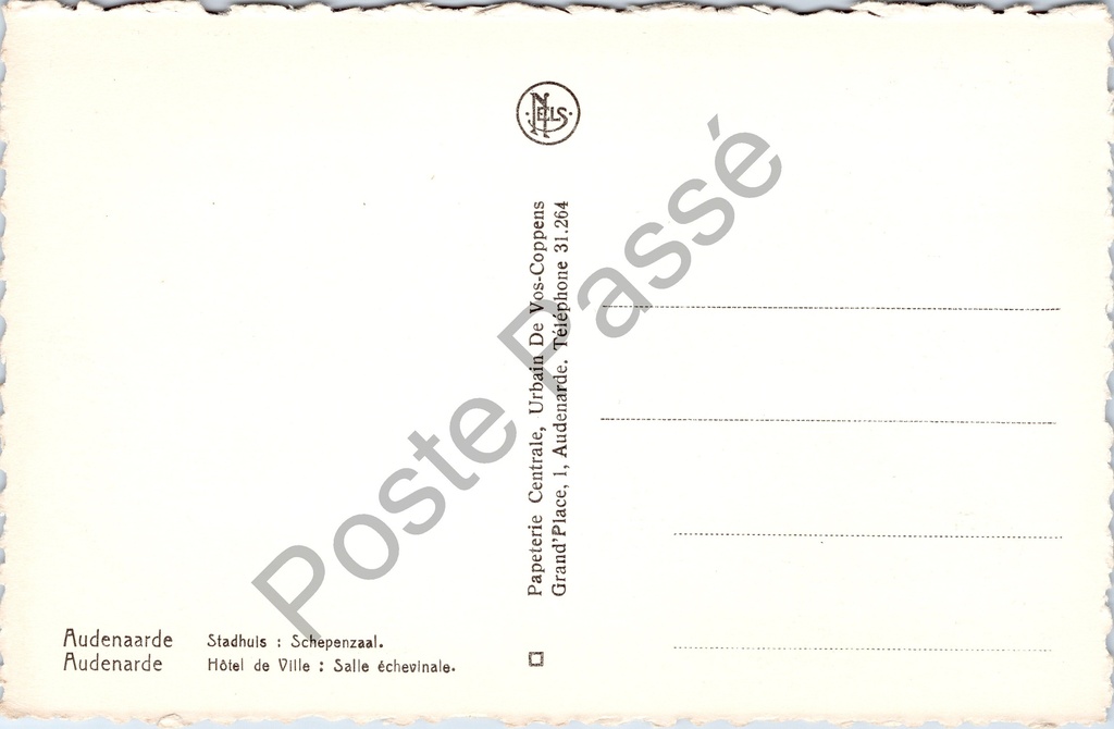 Oudenaarde - "Stadhuis : Schepenzaal" - Stadhuis, Schepenzaal – achterzijde van de originele postkaart