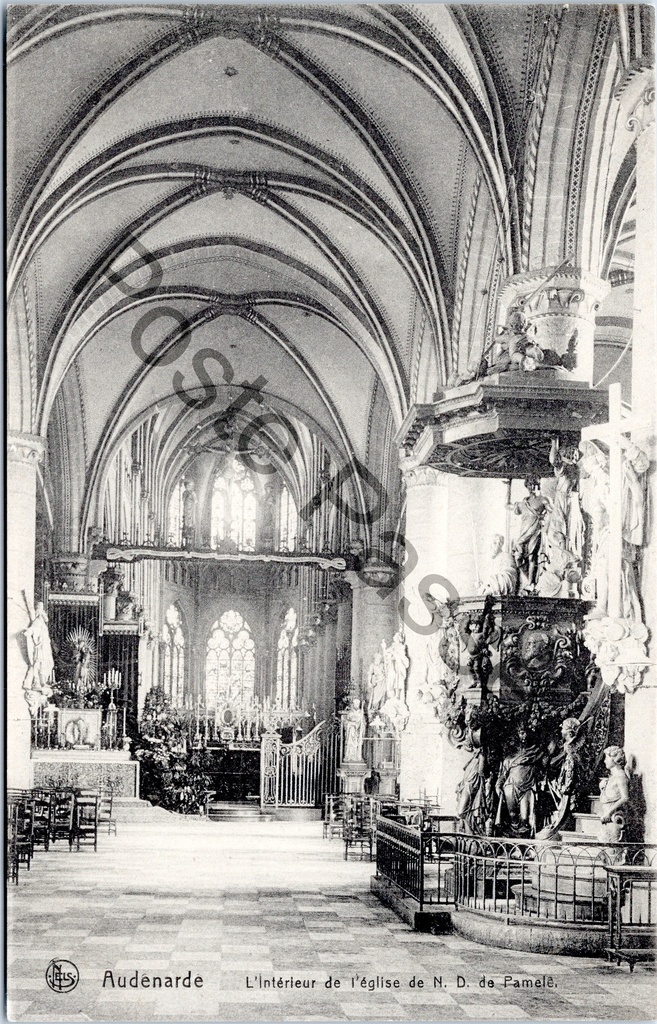 Oudenaarde - "L'Intérieur de l'église de N. D. de Pamele" - Interieur van de OLV – achterzijde van de originele postkaart