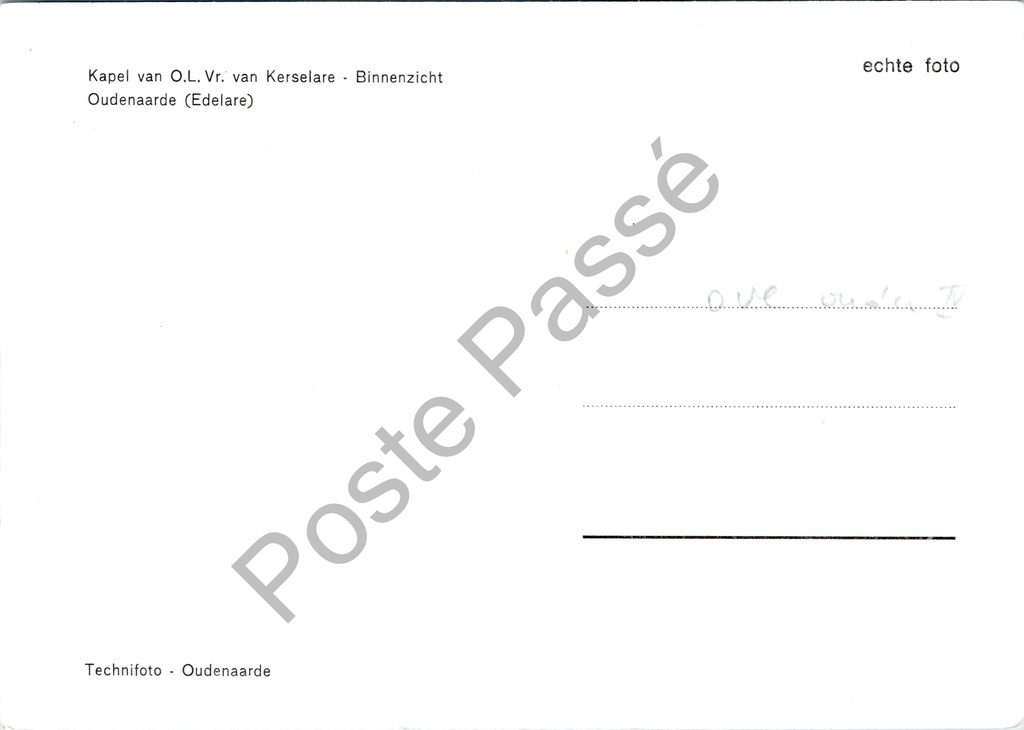 Oudenaarde - "Kapel van O.L. Vr. van Kerselare - Binnenzicht" - Interieur – achterzijde van de originele postkaart