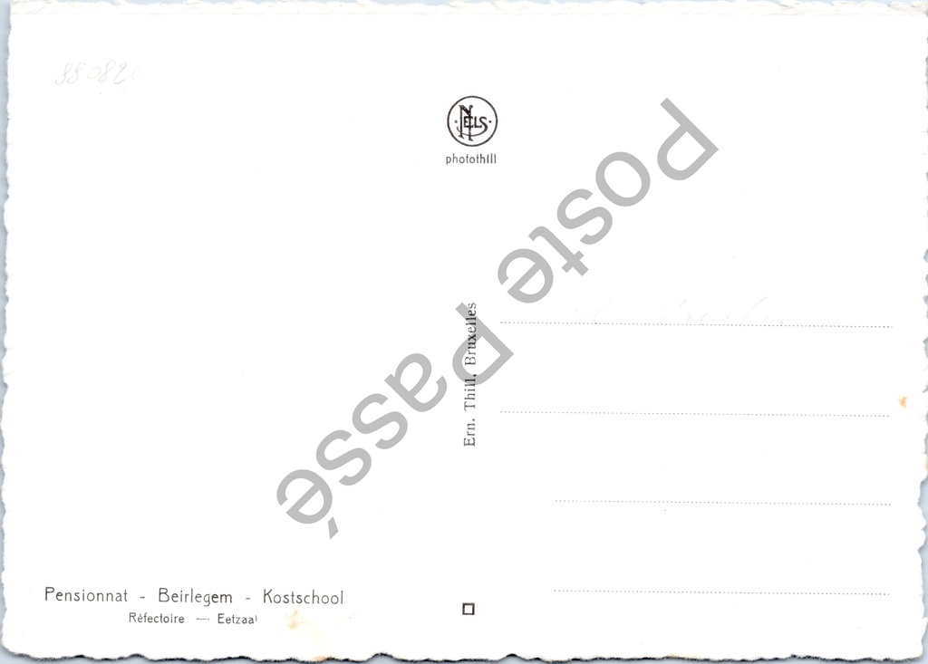Beirlegem - "Pensionnat - Beirlegem - Kostschool - Réfectoire — Eetzaal" - Eetzaal – achterzijde van de originele postkaart