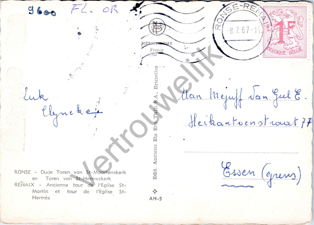 Ronse - "Oude Toren van St-Maartenskerk en Toren van St-Hermeskerk" - Zicht – achterzijde van de originele postkaart