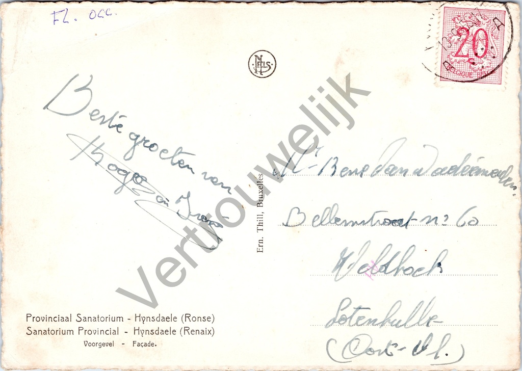 Ronse - "Provinciaal Sanatorium - Hynsdaele (Ronse)" - Voorgevel – achterzijde van de originele postkaart